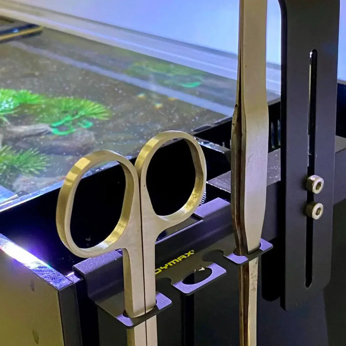 Dymax aquascaping tools holder displaying stainless steel scissors and tweezers securely mounted on an aquarium.
