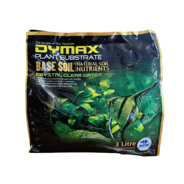 Dymax Base Soil product packaging for planted aquariums, promotes clear water and healthy plant growth, 3 litre.