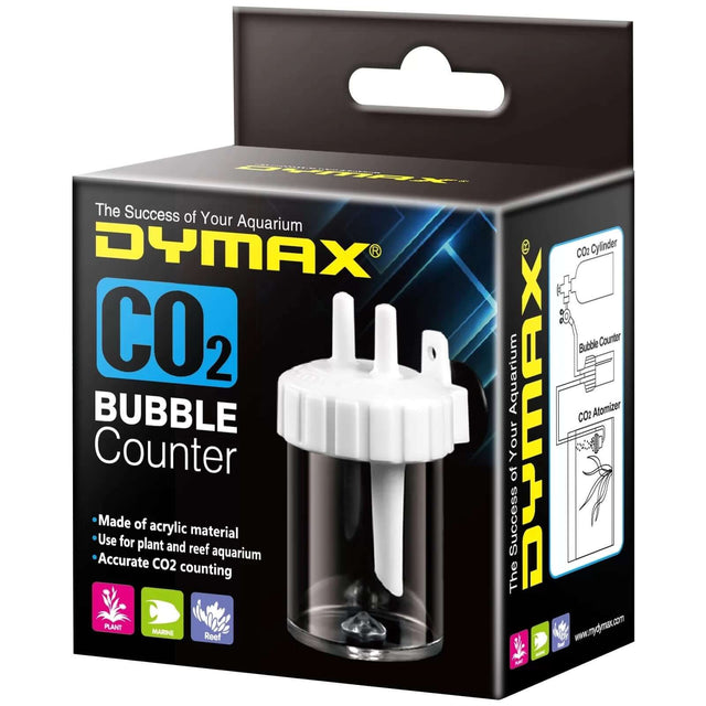 Dymax CO2 Bubble Counter packaging for monitoring CO2 in aquariums, including non-return feature and easy installation.
