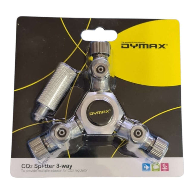 Dymax Co2 Splitter 3-Way product on packaging, designed for aquarium CO2 regulation with solid aluminum construction.