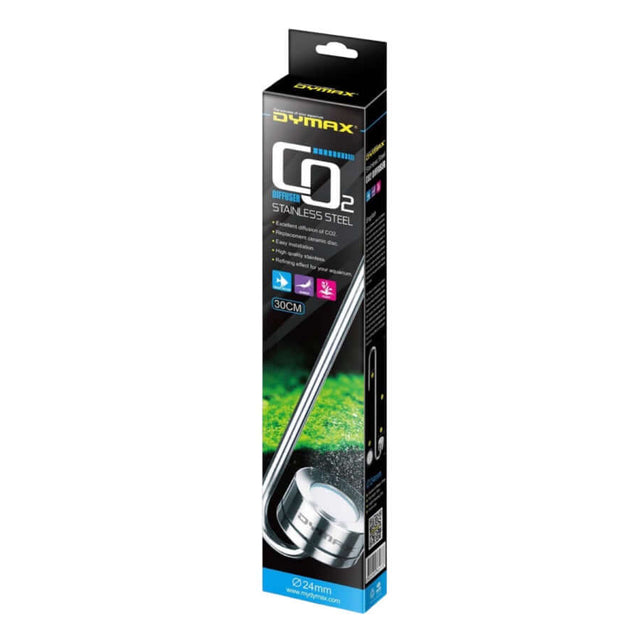 Dymax Co2 Stainless Steel Diffuser packaging showcasing excellent diffusion and easy installation for aquariums.