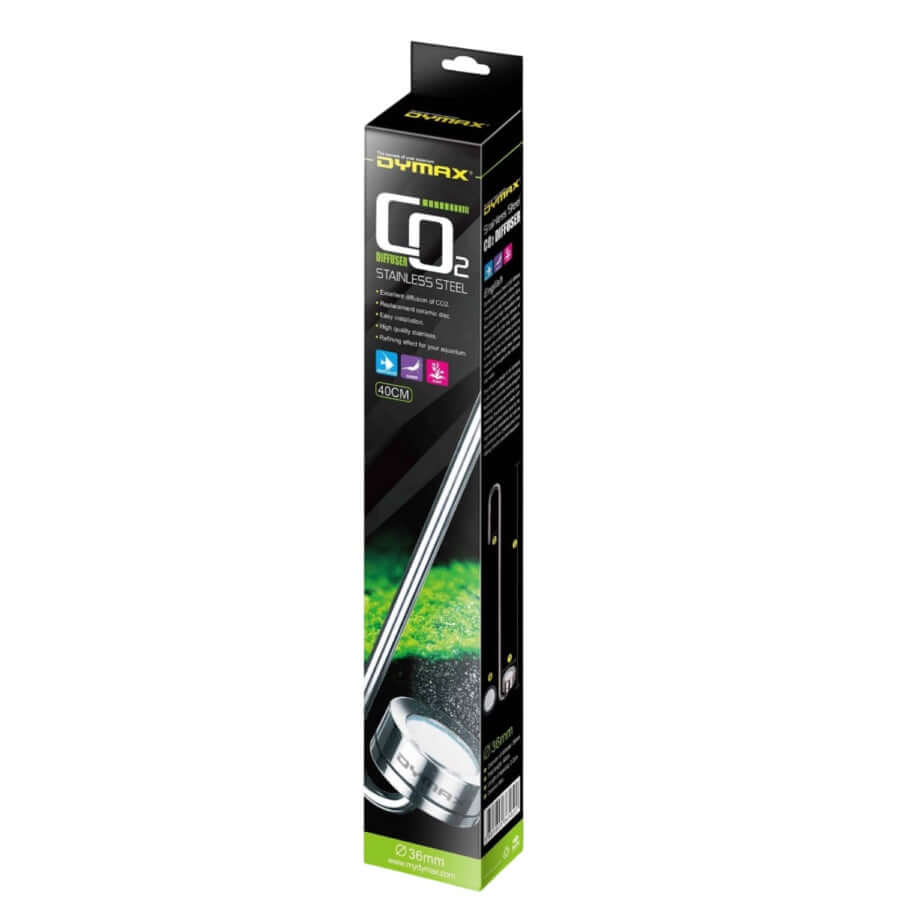 Dymax Co2 Stainless Steel Diffusers packaging showcasing excellent diffusion of Co2 for aquariums and easy installation.