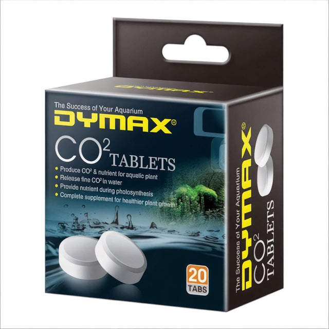 Dymax CO2 Tablets packaging for aquatic plants, providing essential nutrients, 20 tabs for healthier growth.