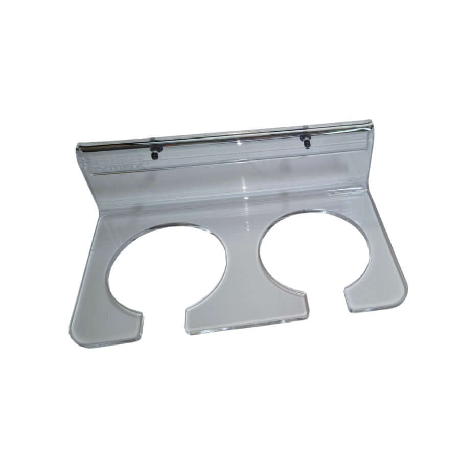 Dymax Double Filter Sock Holder in clear design, featuring two circular openings for easy sock placement and maintenance.