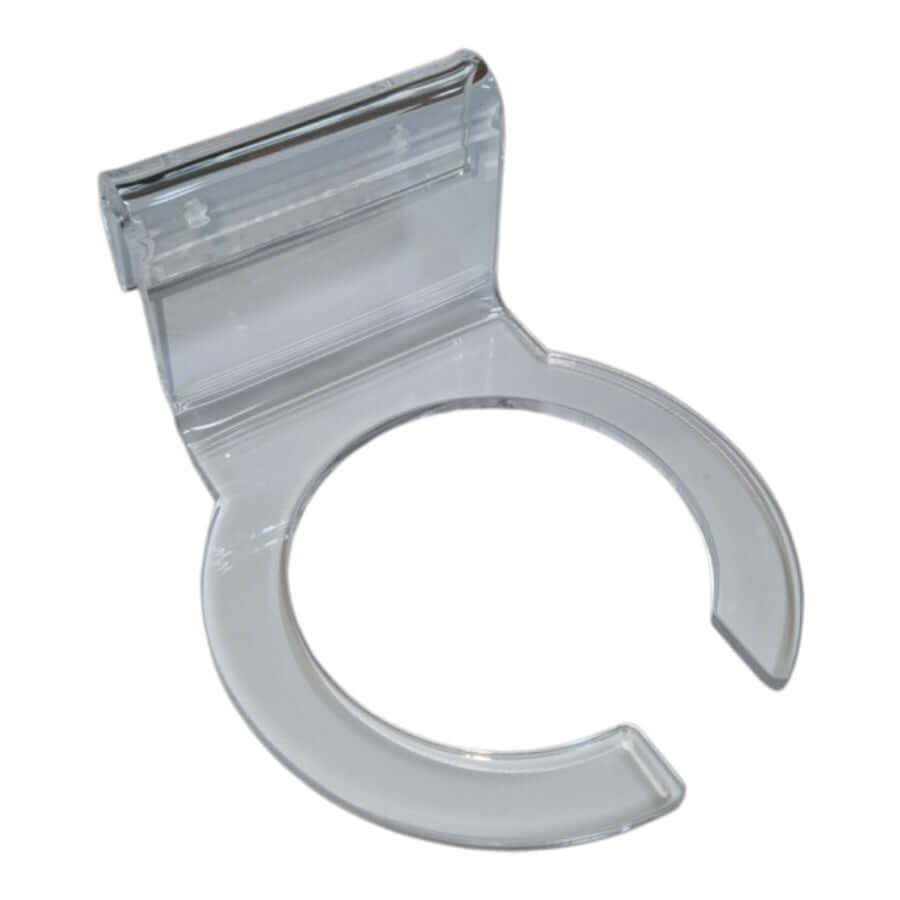 Dymax Filter Sock Holder, 4 inch transparent accessory for securely holding filter socks in aquarium filtration systems.