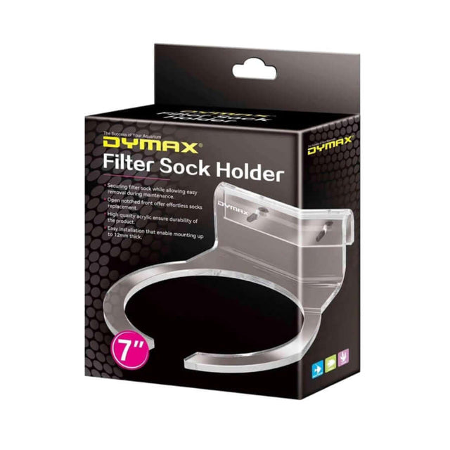 Dymax Filter Sock Holder 7 inch packaging, designed for secure and easy filter sock maintenance for aquariums.