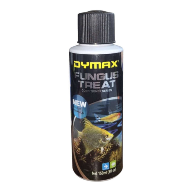 Dymax Fungus Treat 150ml bottle for treating fungal infections in aquariums, safe for all fish.