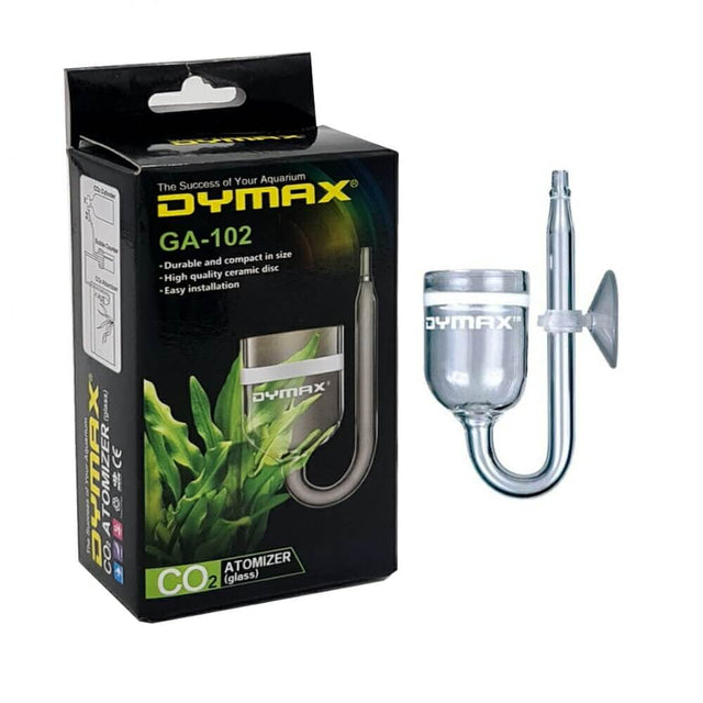 Dymax GA-102 Glass Atomizer for CO2 in aquariums, featuring a clear design and high-quality ceramic disc.