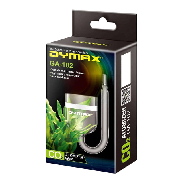 Dymax Glass Atomizer GA-102 packaging on a floral background, showcasing its durable design for planted aquariums.
