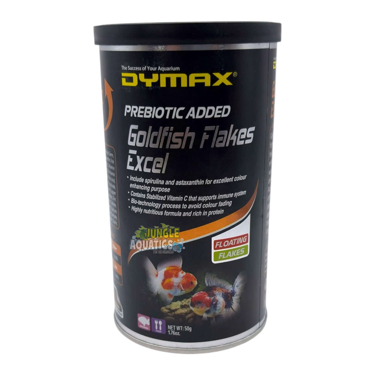 Dymax Goldfish Flakes Excel packaging featuring premium floating flakes for vibrant goldfish colors.