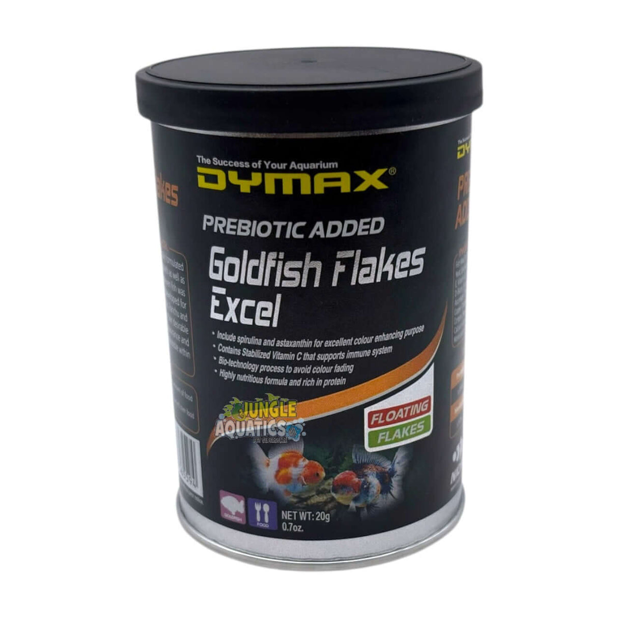 Dymax Goldfish Flakes - premium floating flakes with spirulina and astaxanthin for vibrant goldfish colors.