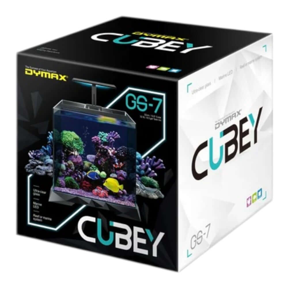 Dymax GS7 Cubey Aquarium Marine product packaging featuring a vibrant reef environment.