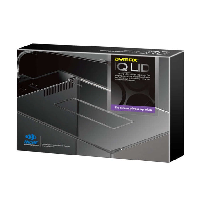 Dymax IQ 7 Lid packaging, designed to prevent fish from jumping and reduce evaporation in aquariums.
