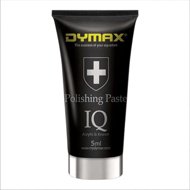 Dymax IQ Polishing Paste 5ml tube for removing scratches on acrylic aquariums, ensuring clarity and optimal light transmittance.