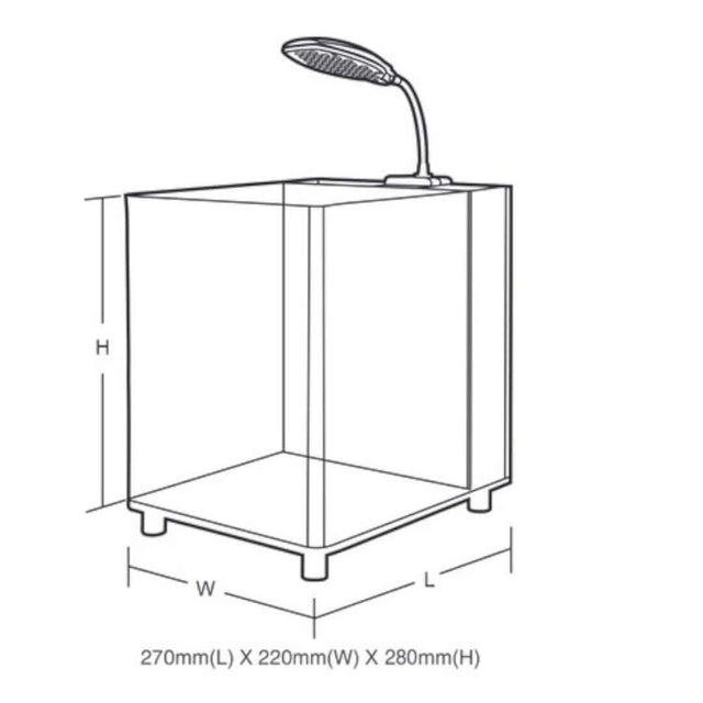 Dymax IQ5 Acrylic Aquarium dimensions illustration showing 270mm(L) x 220mm(W) x 280mm(H) with LED lighting.