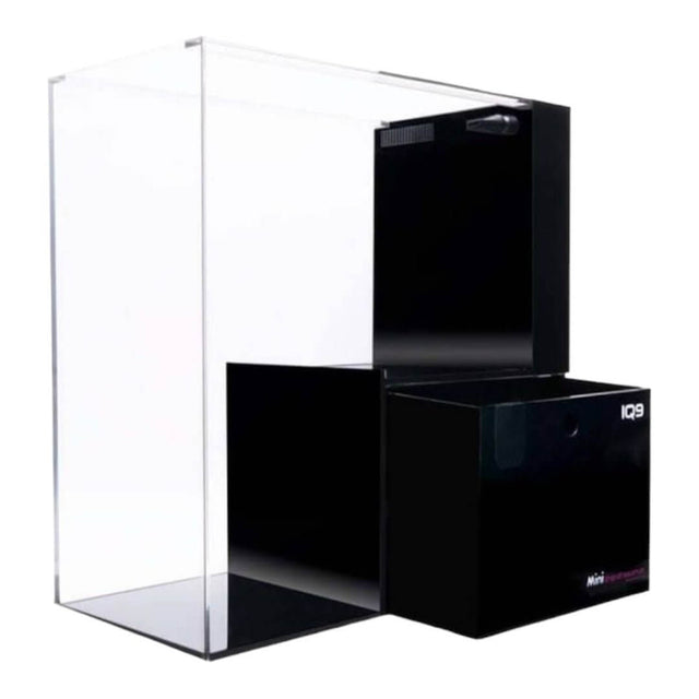 Dymax IQ9 Drop Off Dual Marine and Freshwater Aquarium in ultra-clear acrylic with black accents and unique design.