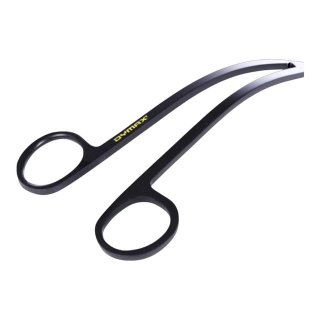 Dymax Double Curve stainless steel scissors designed for precise trimming of aquatic plants, featuring a durable black finish.