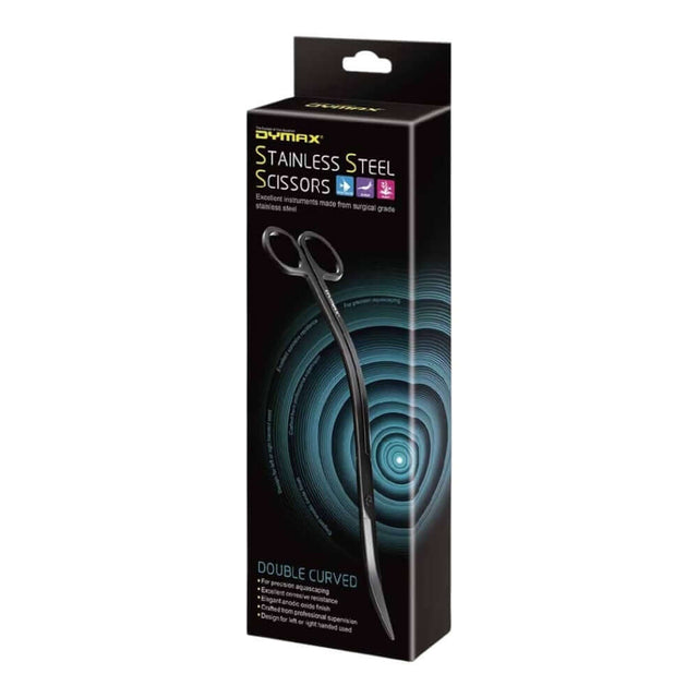 Dymax Stainless Steel Double Curved Scissors packaging for aquatic plant trimming, featuring a black anodized finish.