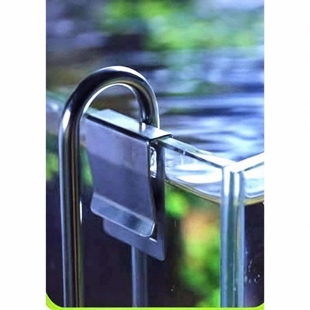 Dymax stainless steel pipe holder securely clips onto glass tank, ensuring durability and stability for air pipes.