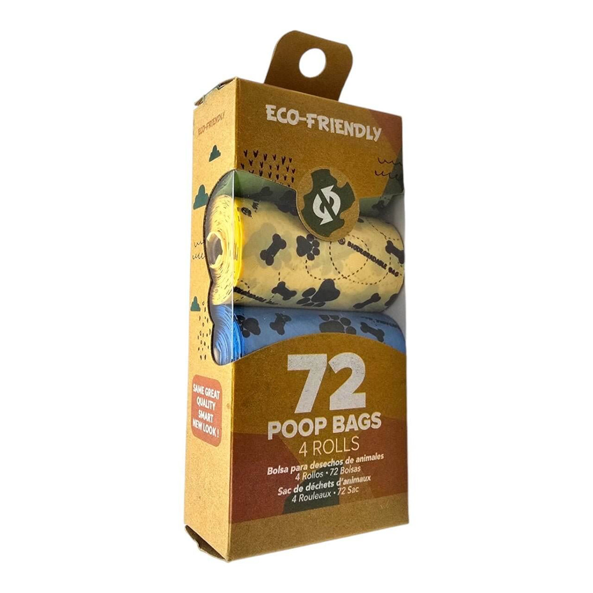 Eco-friendly dog poop bags packaging, featuring 72 biodegradable bags in eco-conscious design.