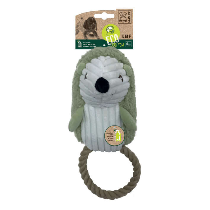Eco-friendly dog toy made from jute rope and recycled materials, featuring a cute hedgehog design for active playtime.