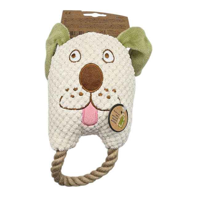 Eco-friendly dog toy featuring a playful dog face design with jute rope, perfect for fun and active play.