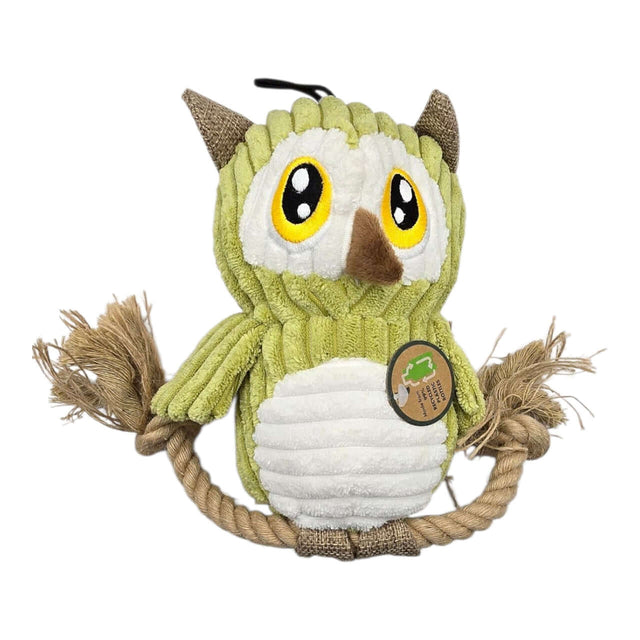 Eco-friendly dog toy shaped like an owl, made from jute and recycled materials for safe play.