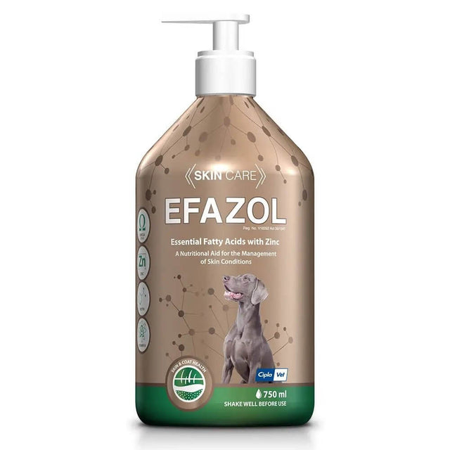 Efazol Liquid Skin Supplement for dogs in a 750 ml pump bottle, enriched with zinc and essential fatty acids for skin health.