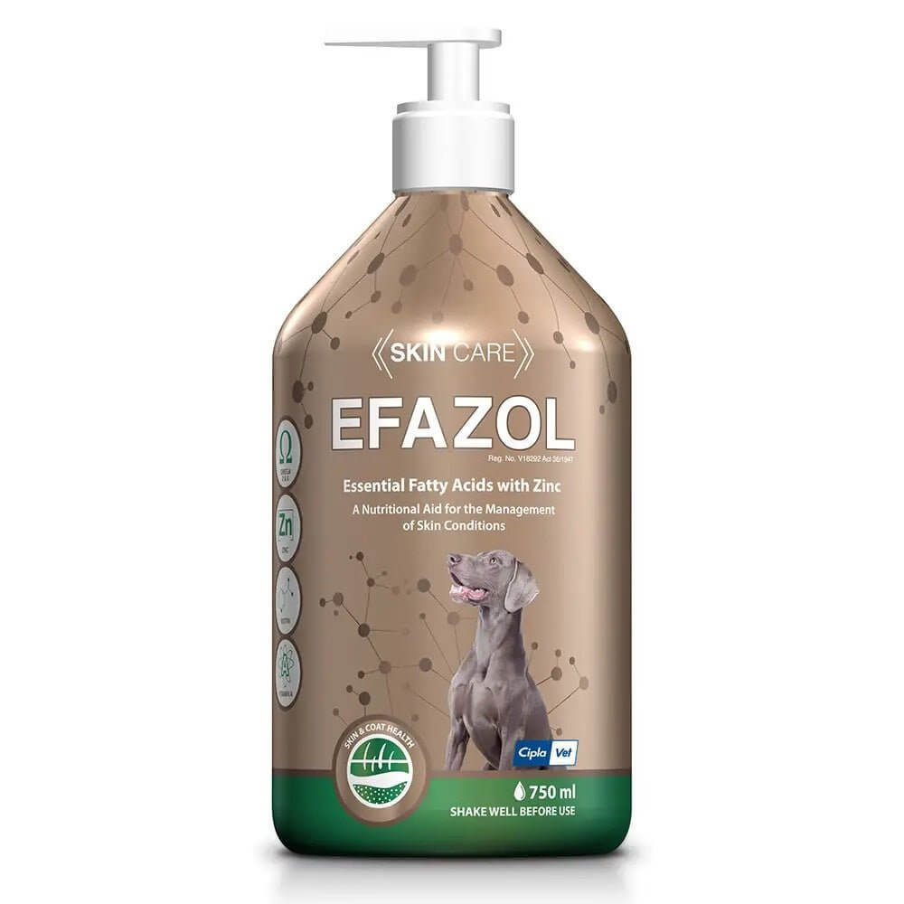 Efazol Liquid Skin Supplement for dogs in a 750 ml pump bottle, enriched with zinc and essential fatty acids for skin health.