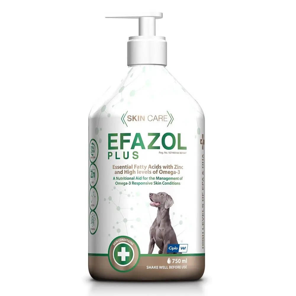 Efazol Plus Liquid Skin Supplement 750ml for dogs, promoting healthy skin with Omega-3, Zinc, and Biotin.