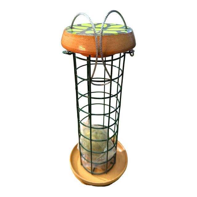 Elaine's Birding Mini Ball Tower Feeder with powder-coated wire mesh and catchment tray for bird suet balls.