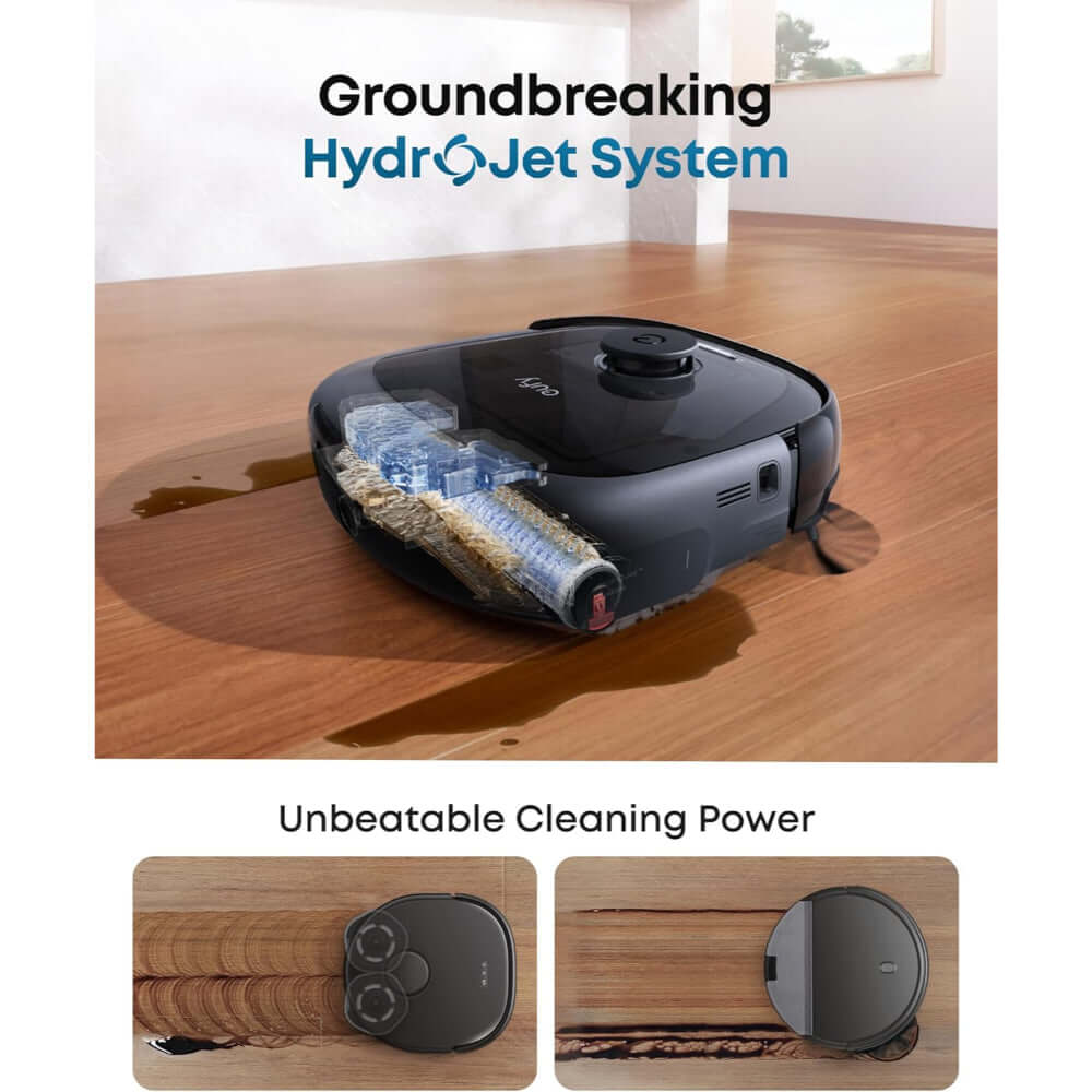Eufy E25 Omni Robot Vacuum featuring HydroJet System for effective cleaning on hardwood floors.