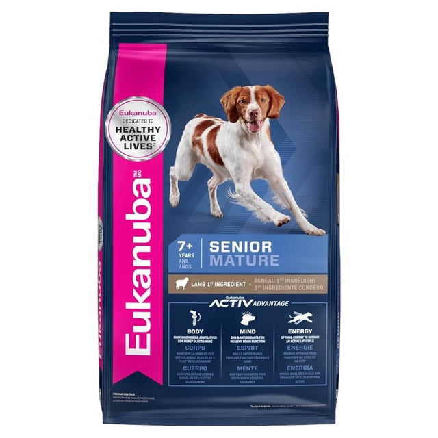 Eukanuba Mature & Senior All Breed Lamb & Rice Dog Food bag, designed for senior dogs over 7 years with sensitive stomachs.