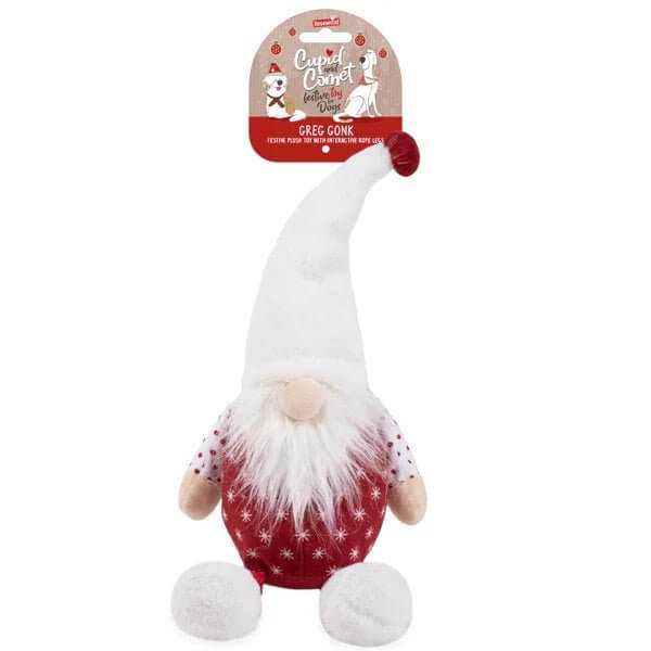 Festive Greg Gonk plush dog toy with a hidden squeaker and playful rope legs for holiday fun.