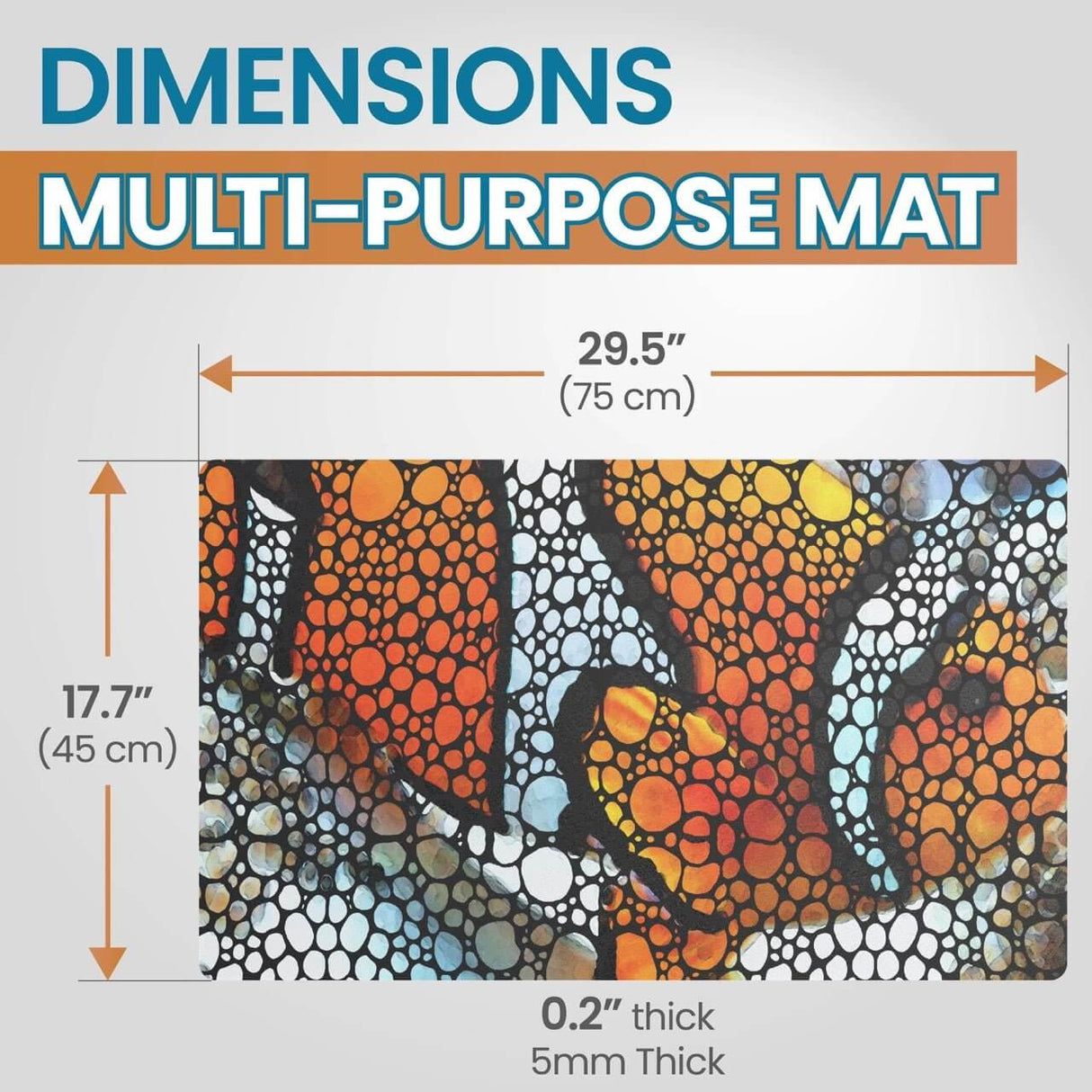 Dimensions of Flipper Clownfish anti-fatigue floor mat, 29.5" x 17.7", 0.2" thick with colorful design.