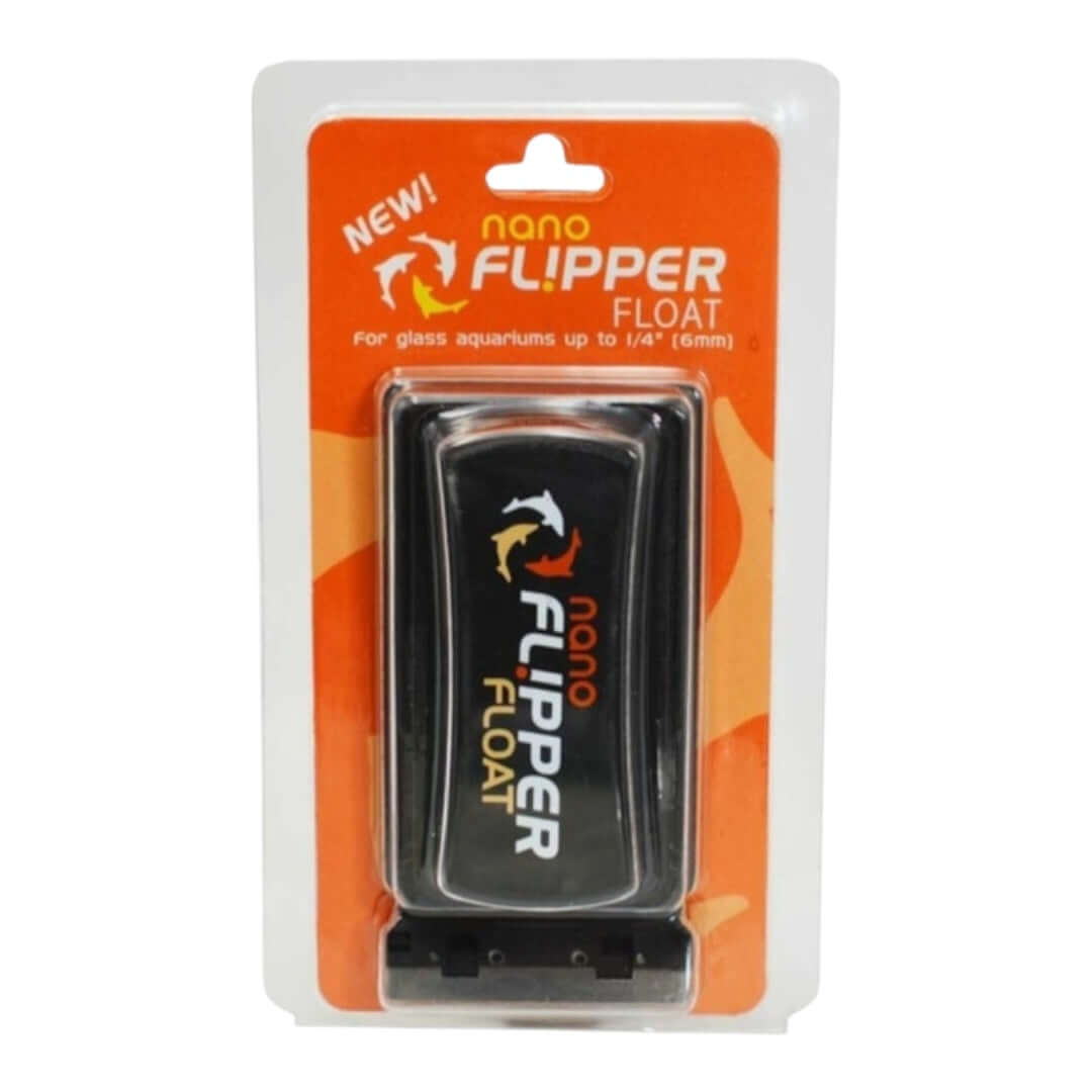 Flipper Float Aquarium Magnet Cleaner packaging for glass aquariums, showcasing its 2-in-1 scrubber and scraper design.