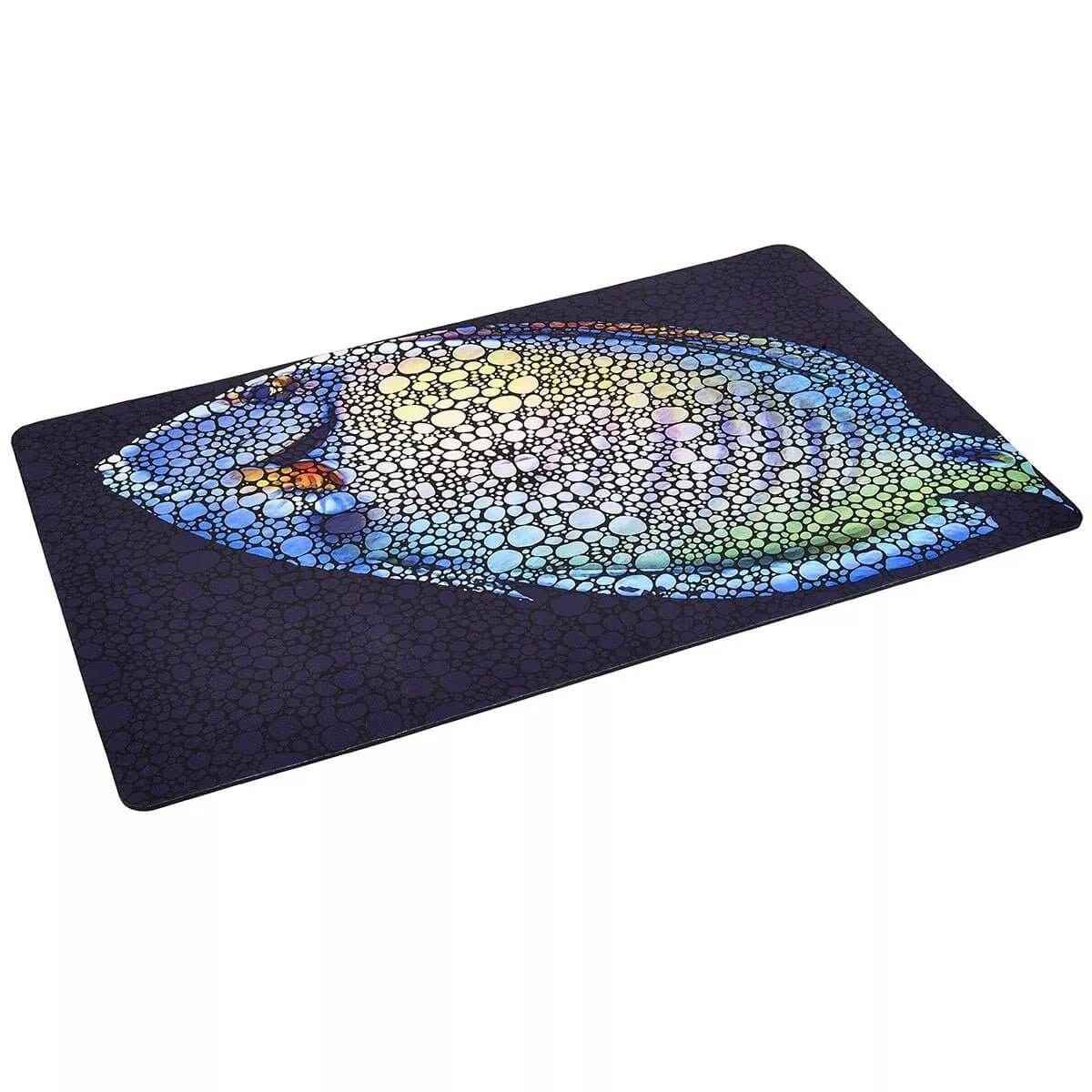 Flipper Tang Anti-Fatigue Floor Mat featuring colorful fish artwork, non-skid backing, and waterproof design. Perfect for any space.