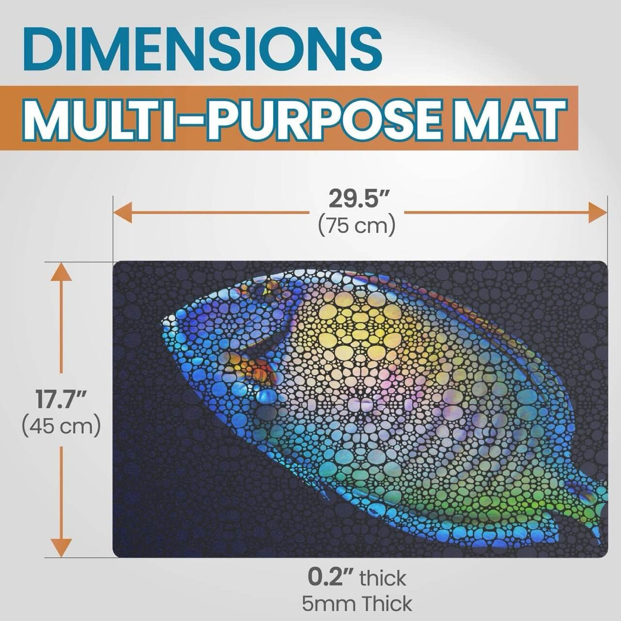 Dimensions of Flipper Tang Anti-Fatigue Floor Mat, 29.5" x 17.7", 0.2" thick, featuring colorful fish design.