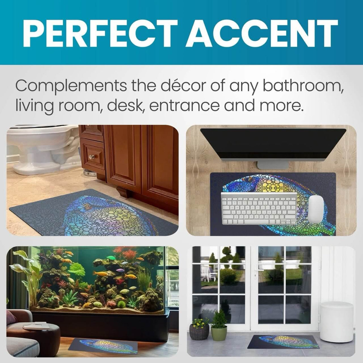 Colorful Flipper Tang Anti-Fatigue Floor Mat shown in various home settings, enhancing decor in bathrooms and living rooms.