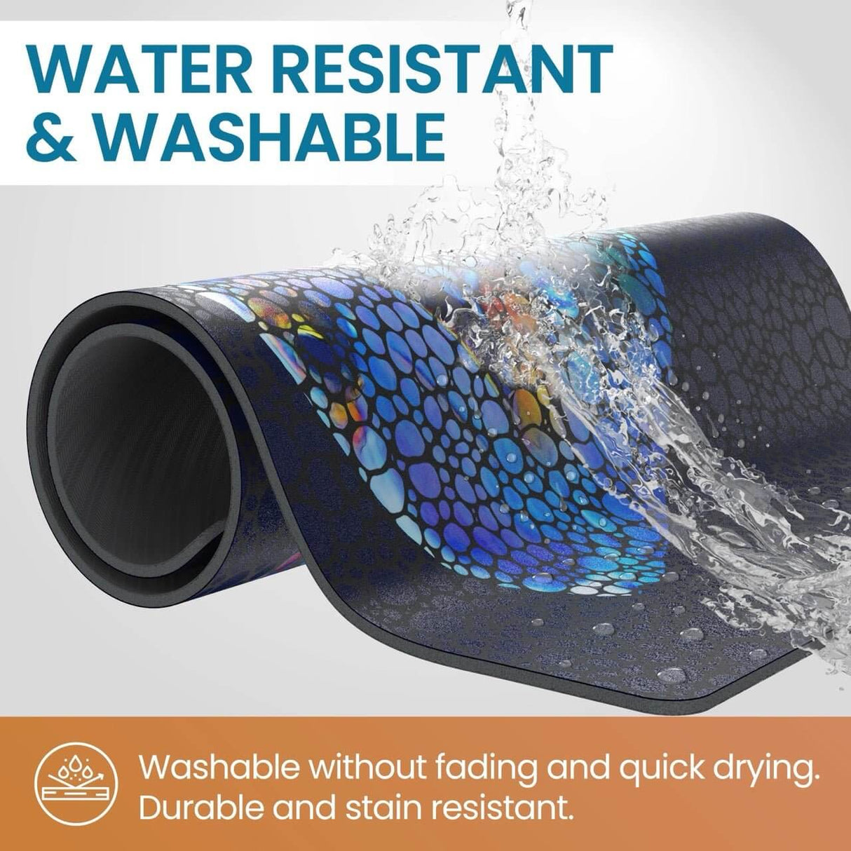 Water-resistant and washable Flipper Tang Anti-Fatigue Floor Mat showcasing colorful design and durability against spills.