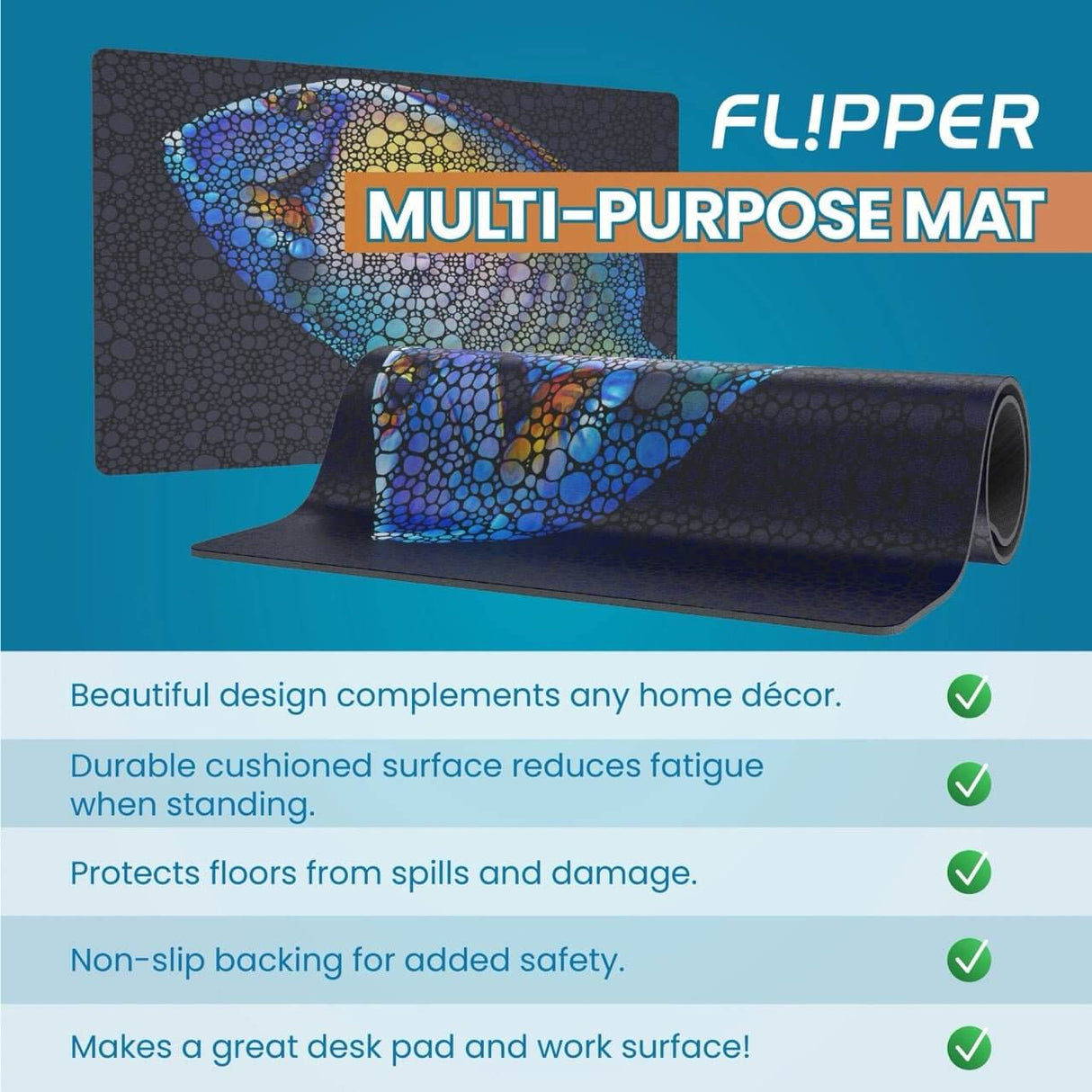 Flipper Multi-Purpose Anti-Fatigue Mat with colorful design, non-slip backing, and cushioned surface for comfort and safety.