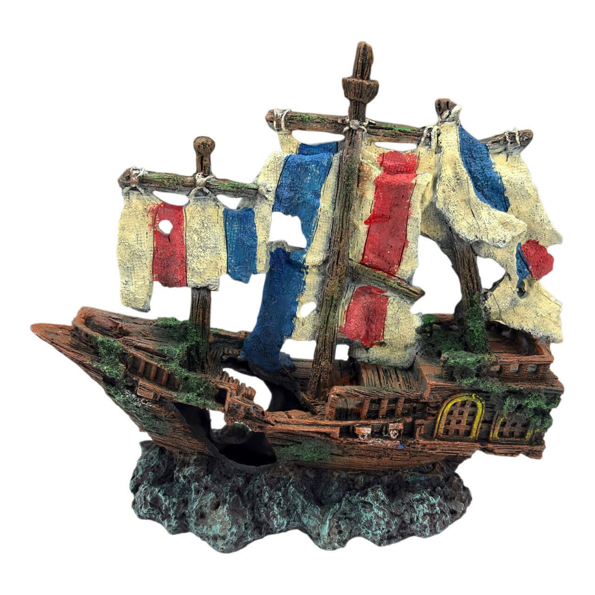 French Pirate Ship Ornament featuring detailed sails and weathered hull, perfect for pirate-themed decor.