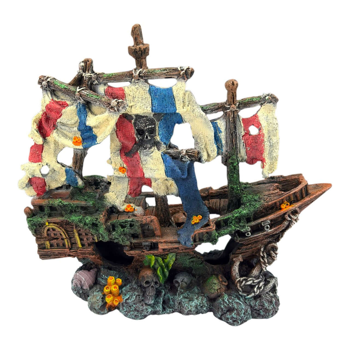French Pirate Ship Ornament featuring red, white and blue sails, detailed weathered hull and decorations.