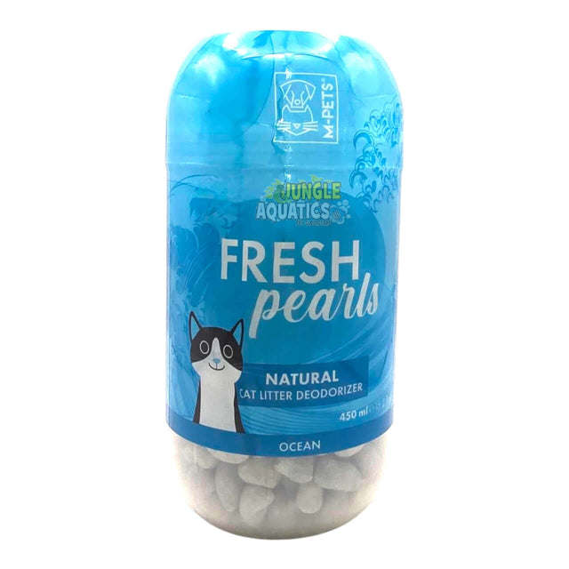 Fresh Pearls Natural Cat Litter Deodorizer packaging, 450ml, featuring antibacterial properties and plant fibers.