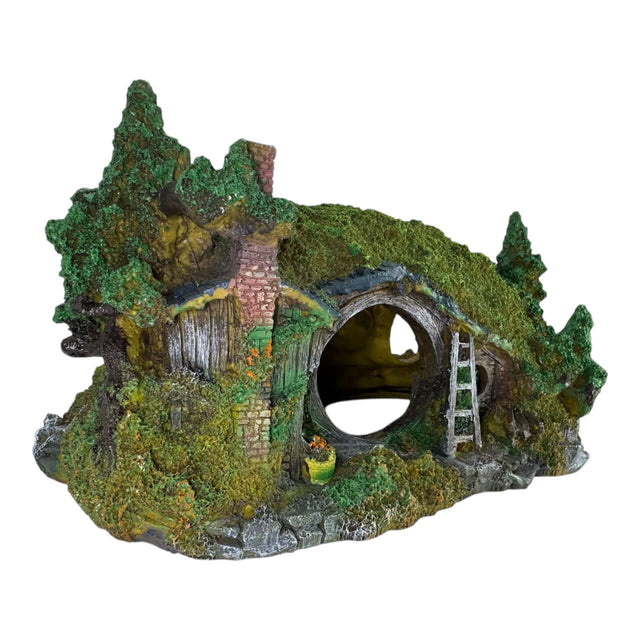 Frodo's House aquarium ornament featuring a charming hobbit-hole design with greenery and a ladder.