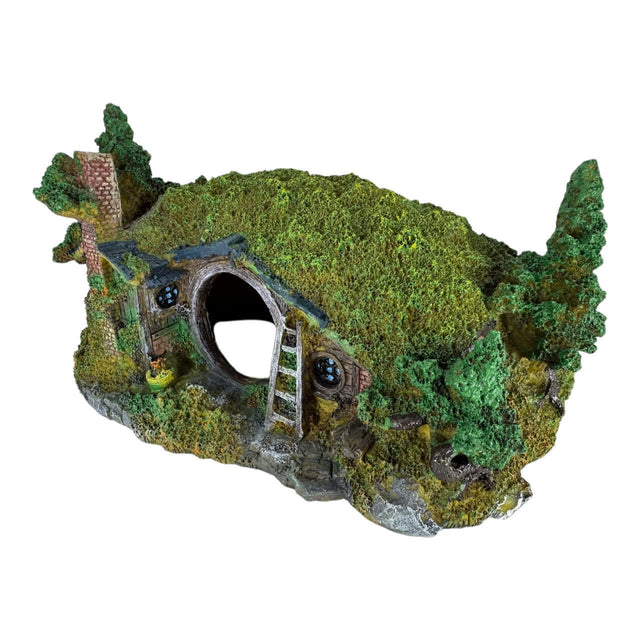 Frodo's House aquarium ornament featuring a detailed hobbit-hole design with rustic elements for a whimsical underwater scene.