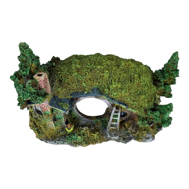 Frodo's House aquarium ornament featuring a hobbit-hole design with greenery, perfect for adding charm to aquariums.