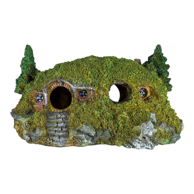 Frodo's House aquarium ornament with hobbit-hole design and green moss texture, perfect for aquatic decoration.