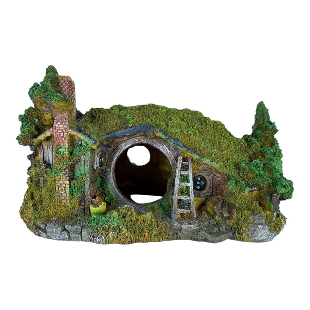 Frodo's House aquarium ornament, featuring a rustic hobbit-hole design with greenery and a ladder for an enchanting underwater display.