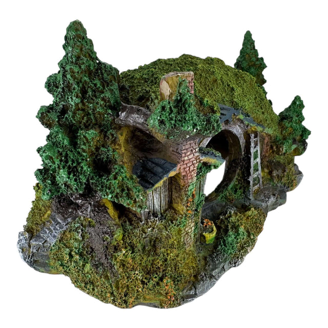 Frodo's House aquarium ornament featuring a detailed hobbit-hole design with foliage for a whimsical underwater scene.